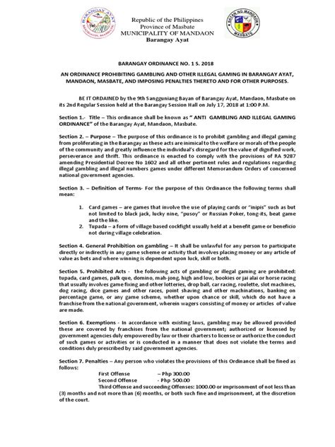 barangay ordinance on illegal gambling|Republic of the Philippines.